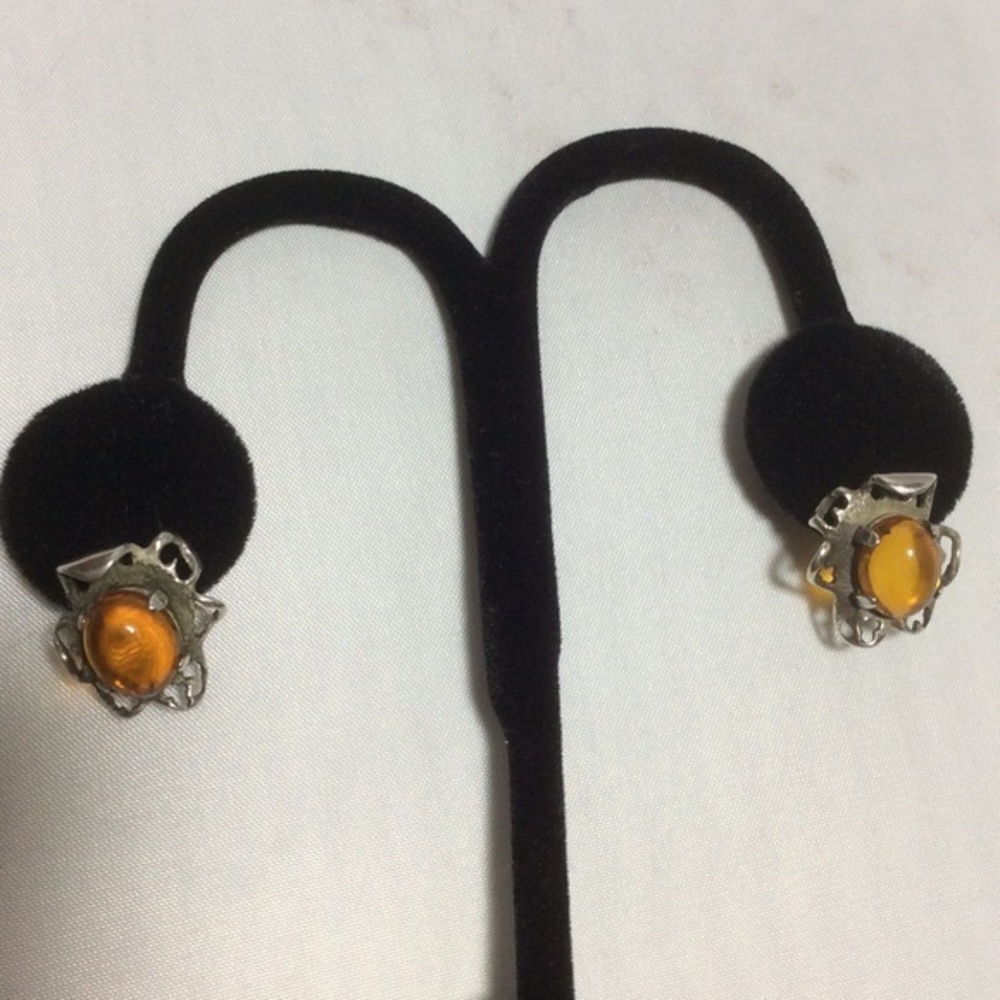 Artist Made Sterling and Amber Clip Post Earrings